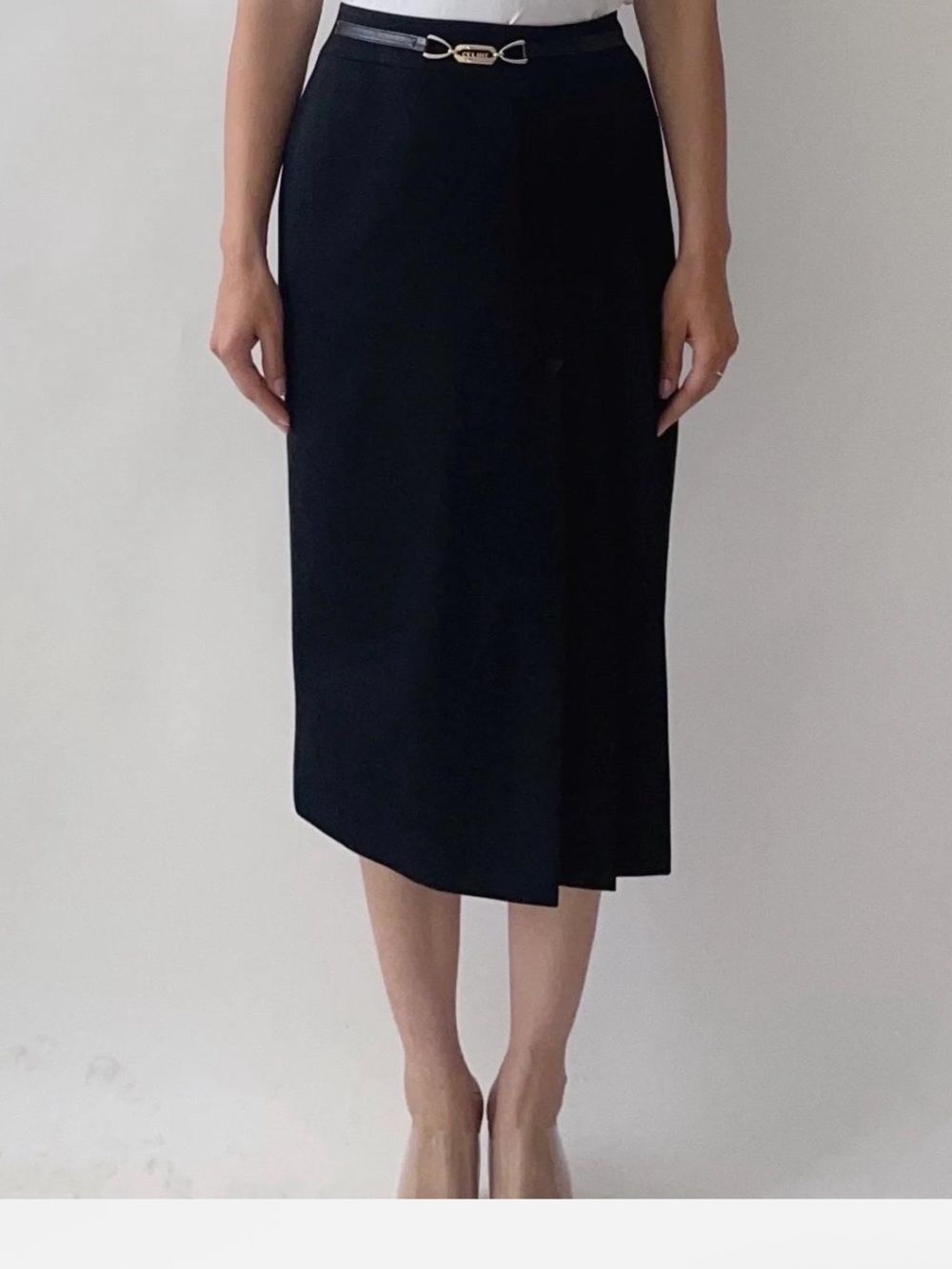 Classic Black CELINE Midi Pencil Skirt with Gold Accent